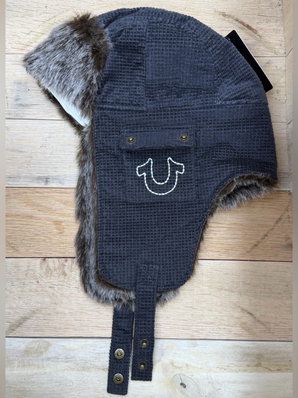 True Religion Winter Trapper Hat Fur Dark Grey Cap Horseshoe Pockets Warm NEW